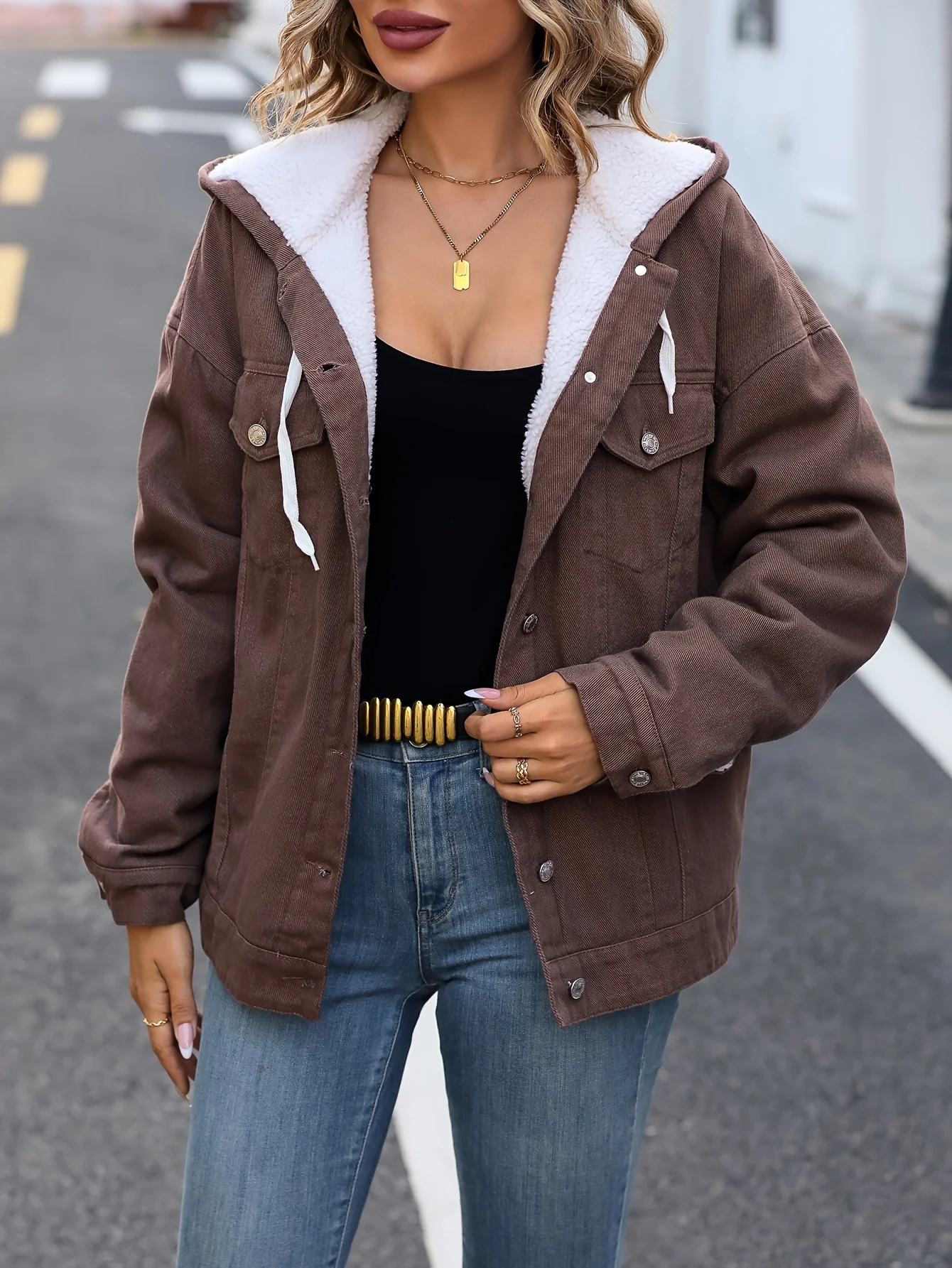 Plain Fleece Liner Hooded Denim Coat, Long Sleeves Drawstring Keep Warm Denim Jacket, Women's Denim Clothing - Deanwangkt