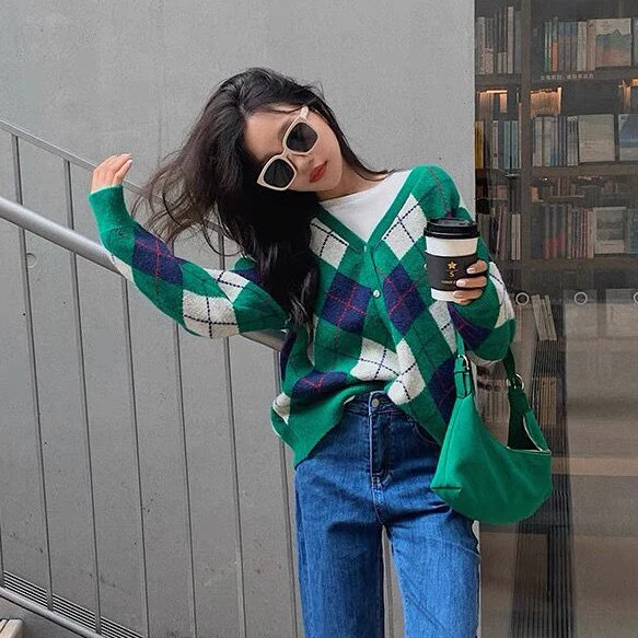 deanwangkt Winter Jacket Sweater Women Argyle Loose Cardigan Vintage V Neck Knit Sweater Fall College Warm Cardigan Sweet Fashion Coat - Deanwangkt