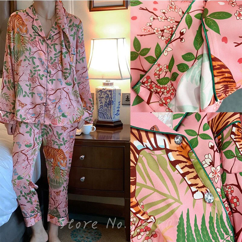 deanwangkt Pink Satin Sleepwear for Women Pajamas Jungle Tiger Print 2Pcs Long Shirt Pants Pyjamas Casual Nightwear Spring New Pajamas - Deanwangkt