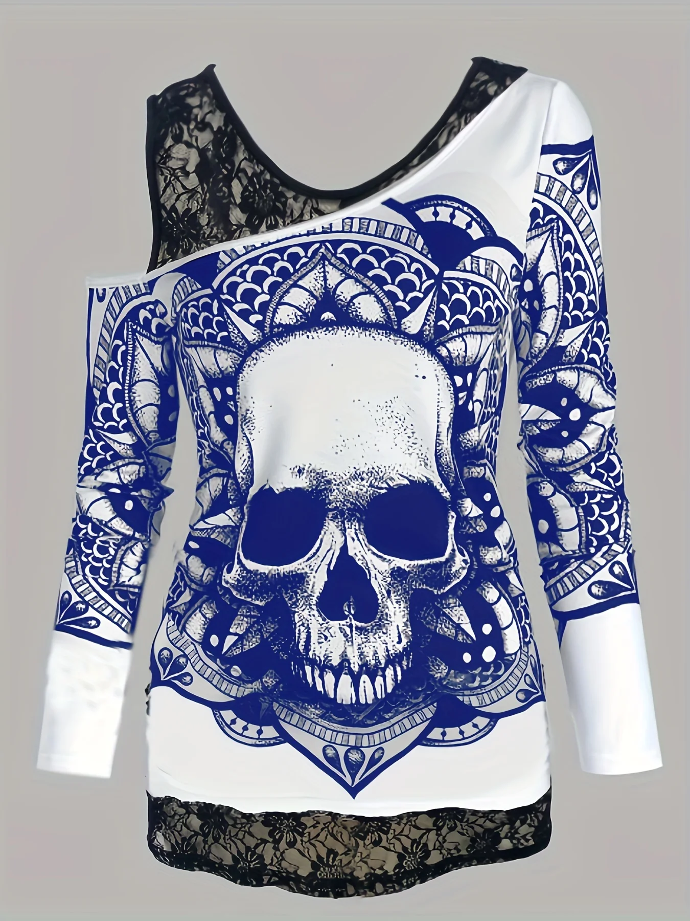 Plus Size Casual T-shirt, Women's Plus Skull & Mandala Print Contrast Lace Cold Shoulder Long Sleeve Slight Stretch T-shirt - Deanwangkt