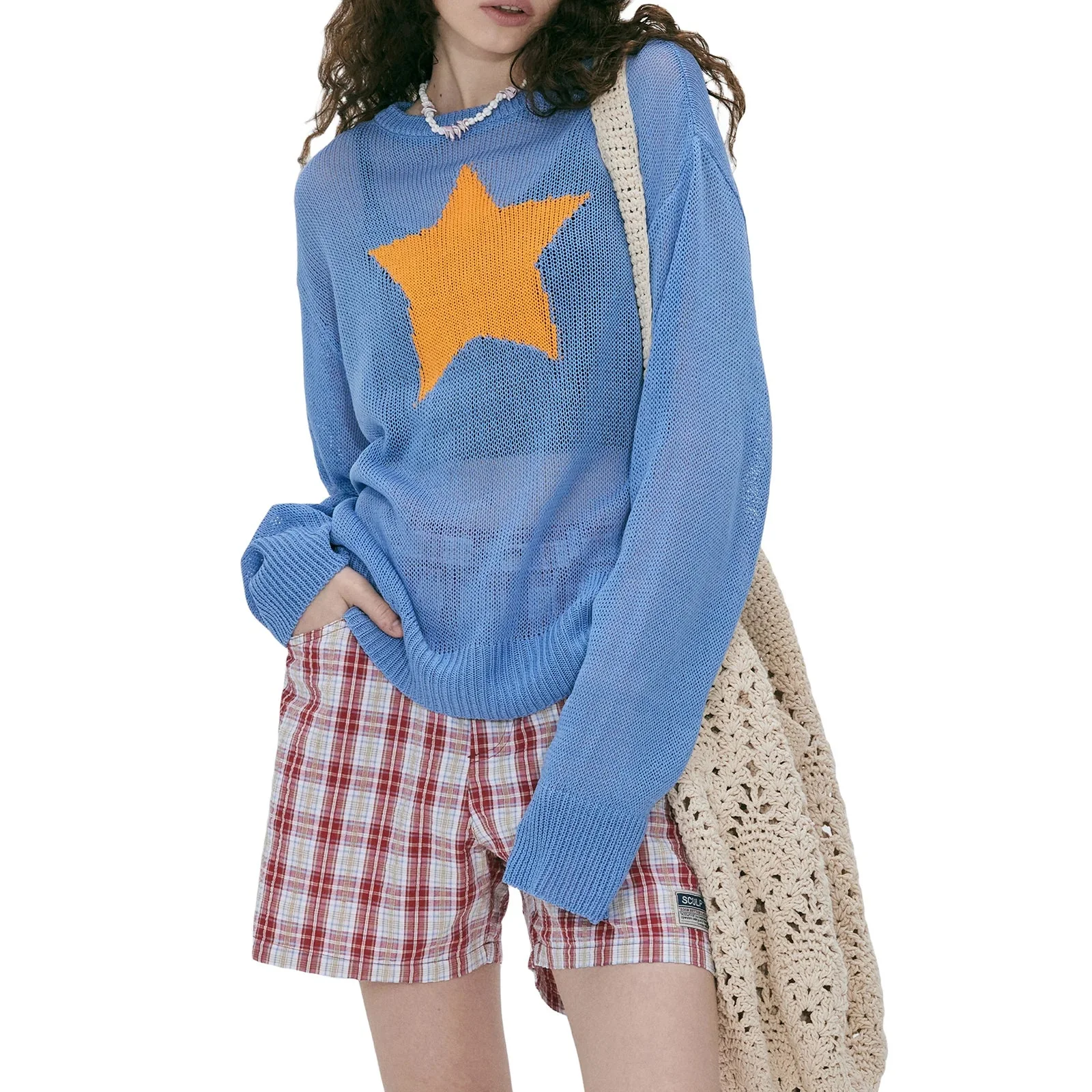 deanwangkt women loose knitted sweater Star Pattern Pullovers Ladies Round Collar Long Sleeve Knitwear Jumpers Y2k Clothes Streetwear - Deanwangkt