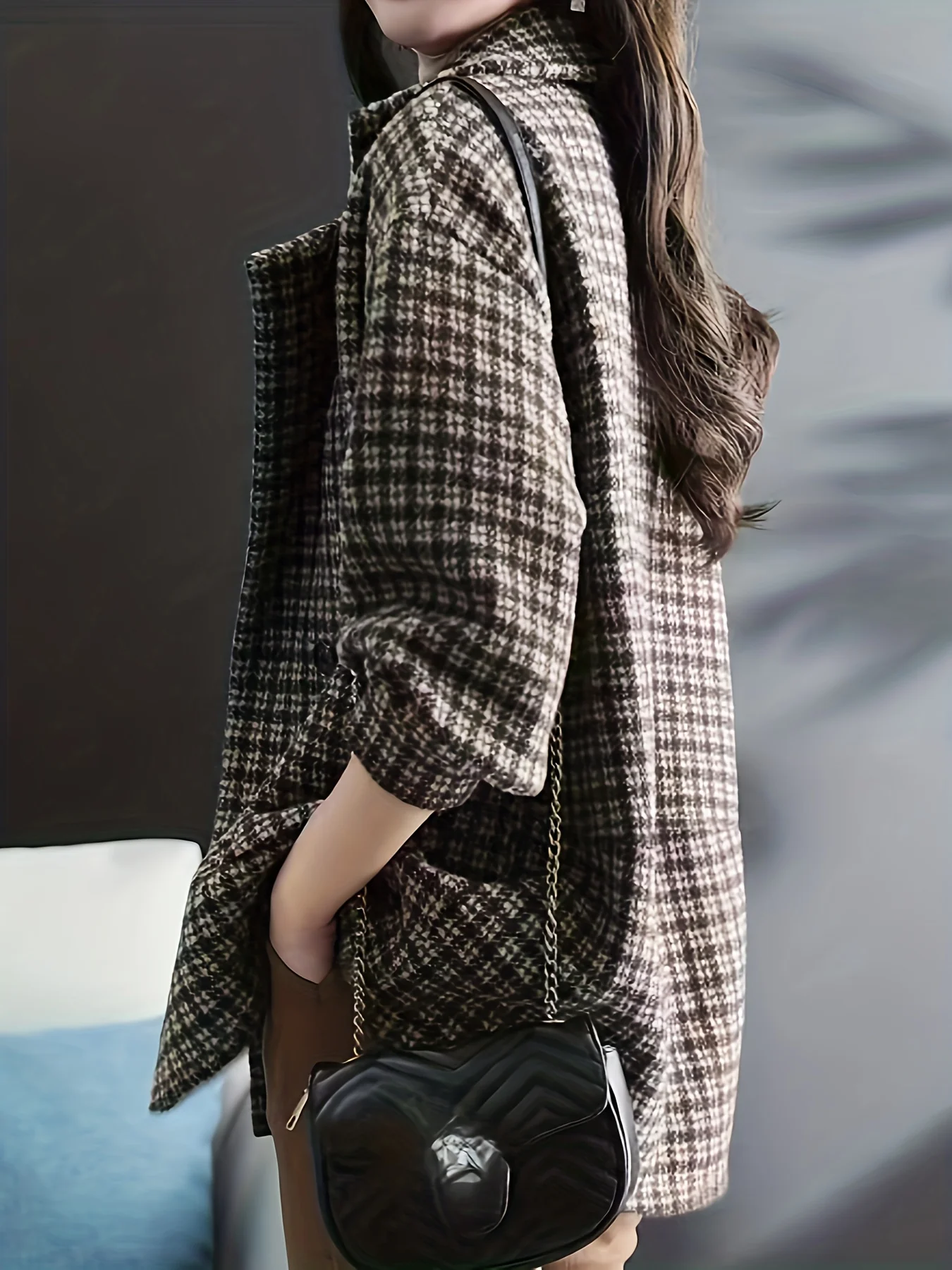 Plaid Lapel Coat, Casual Open Front Long Sleeve Versatile Outerwear, Women's Clothing - Deanwangkt