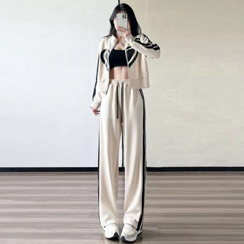 deanwangkt  New Spring and Autumn Zipper Jacket High Waist Wide Leg Pants Two-piece Fashion Casual Loose Long-sleeved Sports Suit Women - Deanwangkt