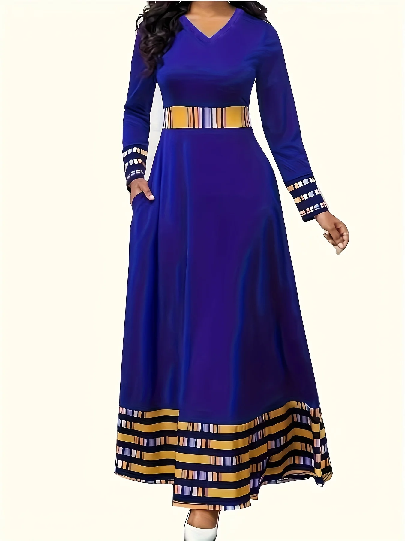 Plus Size Casual Dress, Women's Plus Geometric Print Long Sleeve V Neck Medium Stretch Pron Maxi Dress With Pockets - Deanwangkt