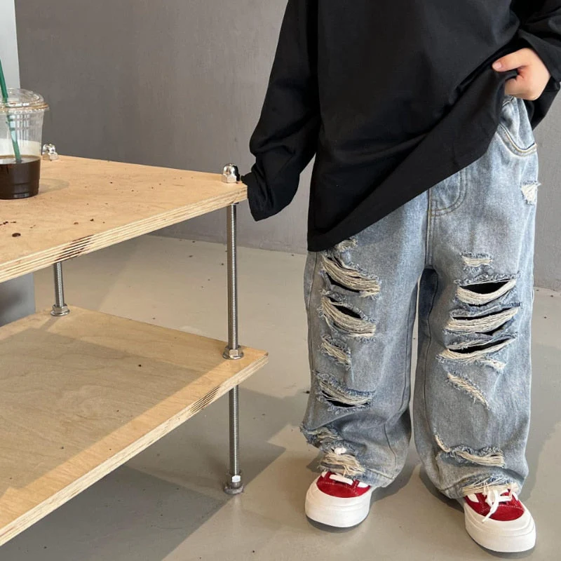 deanwangkt Spring Kids Trousers Boys Fashion Ripped Jeans Baby Girls Loose Casual Denim Pant - Deanwangkt