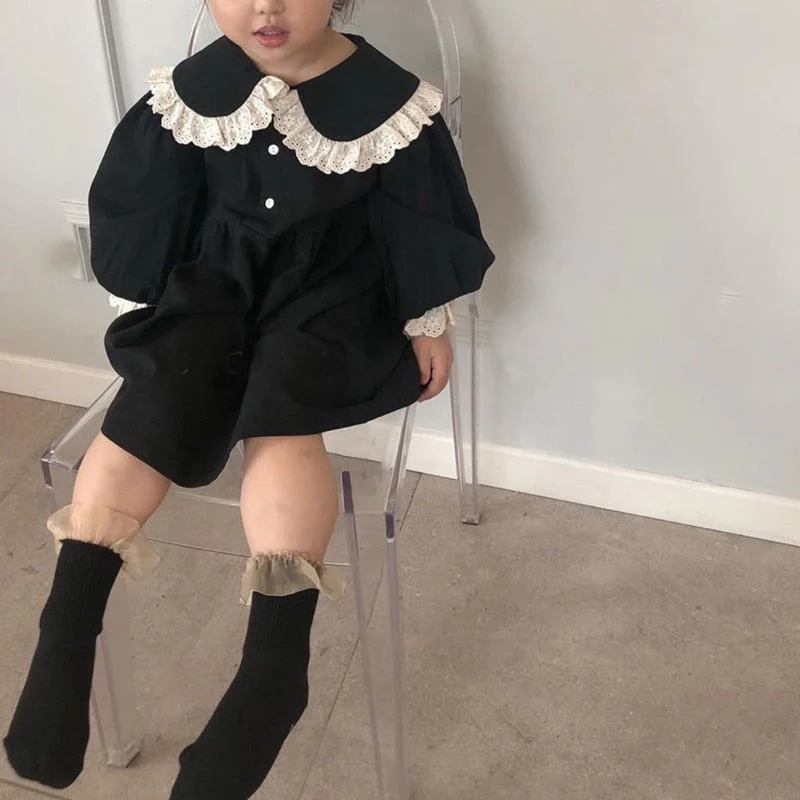 Spring kids dresses for girls lacework patchwork Korean style cute girls long sleeve turn-down collar party princess dresses - Deanwangkt