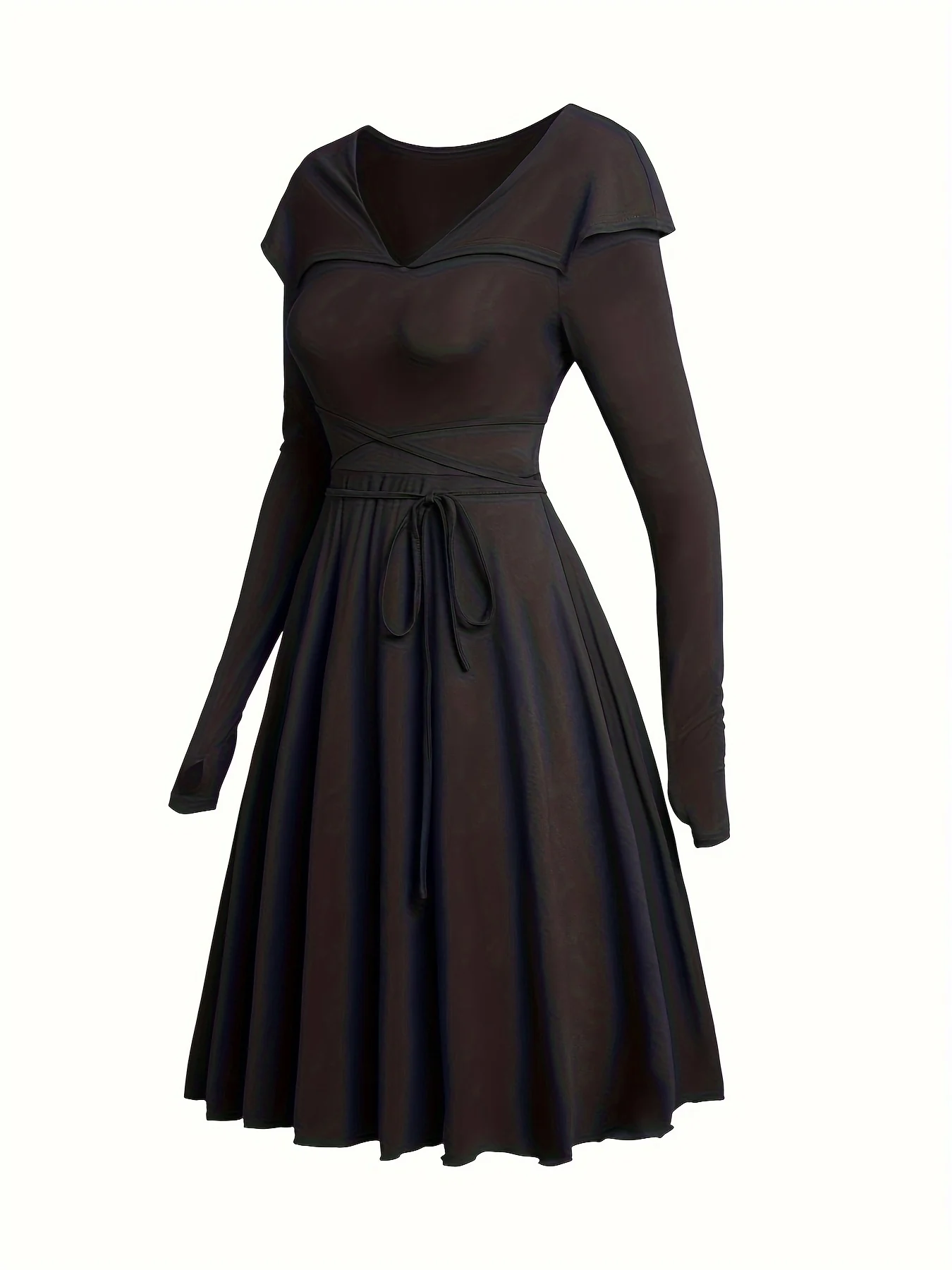 Thumb Hole Long Sleeve Dress, V Neck Lapel Tied Flare Dress, Women's Clothing - Deanwangkt