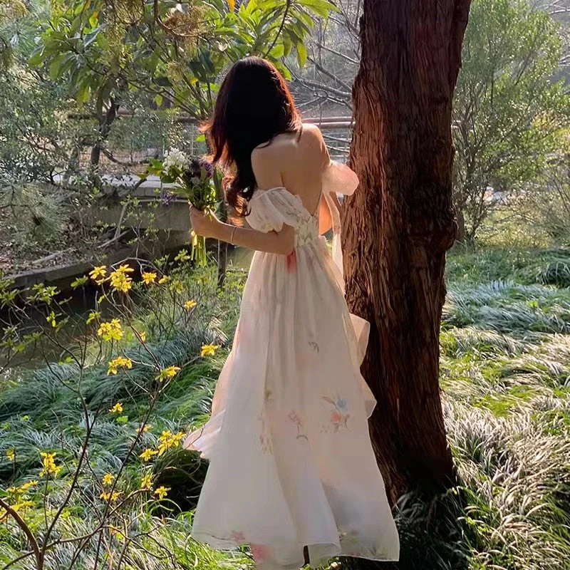 Women's Summer Puff Sleeve V-Neck Floral Dress - Deanwangkt