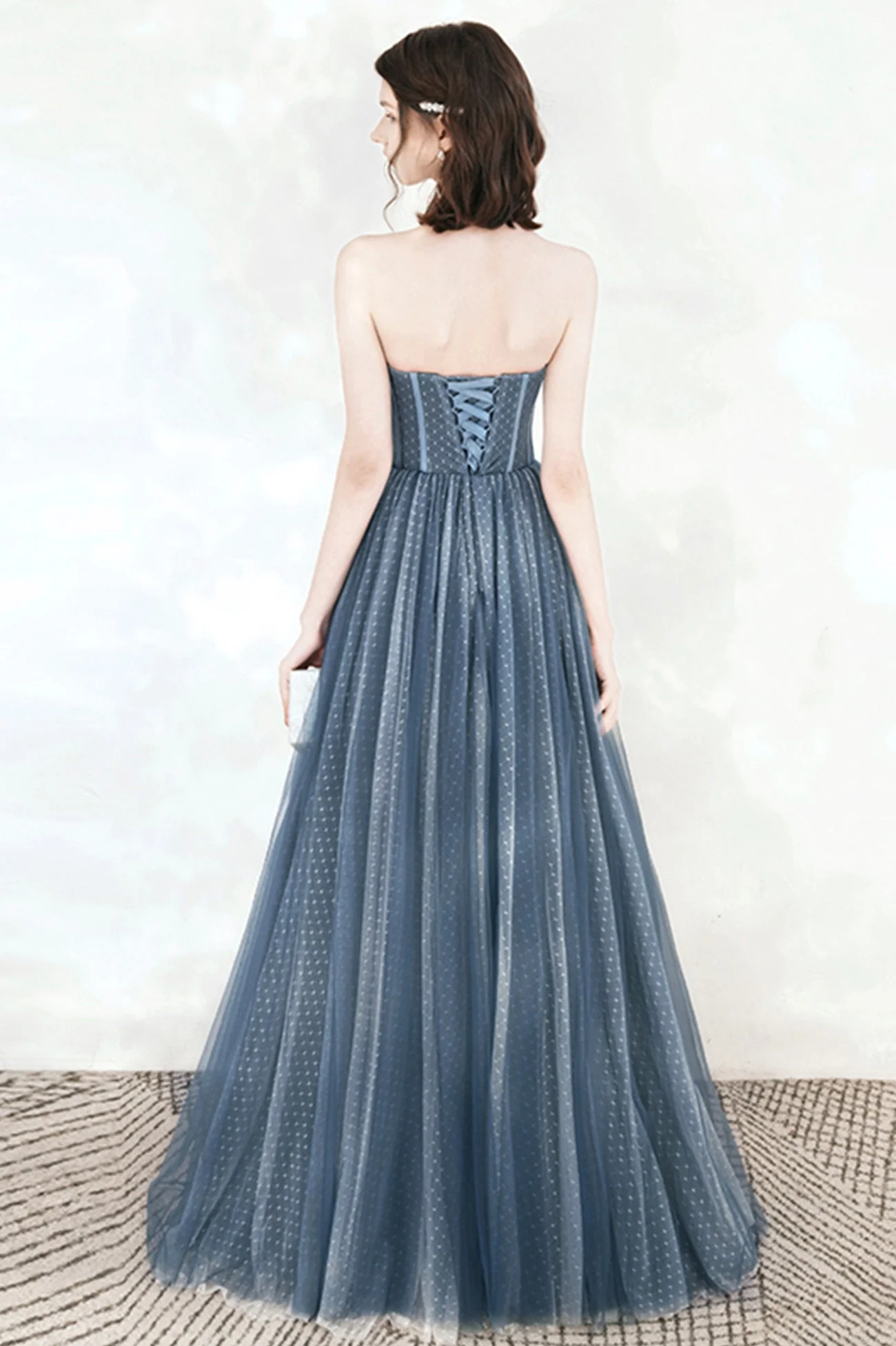 solvbao Blue Tulle Strapless Long Prom Dresses, A-Line Formal Evening Dresses - Deanwangkt
