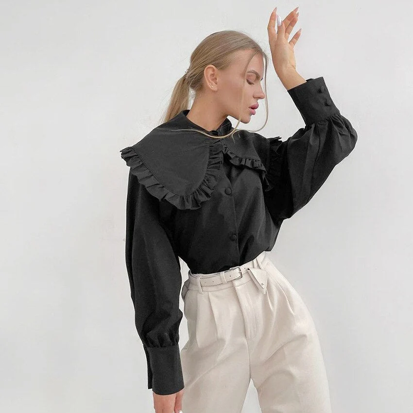 deanwangkt Blouses Women Peter Pan Collar Ruffle Shirts Long Sleeve White Cotton Casual Simple Tops Female Spring Summer Frill Shirt - Deanwangkt
