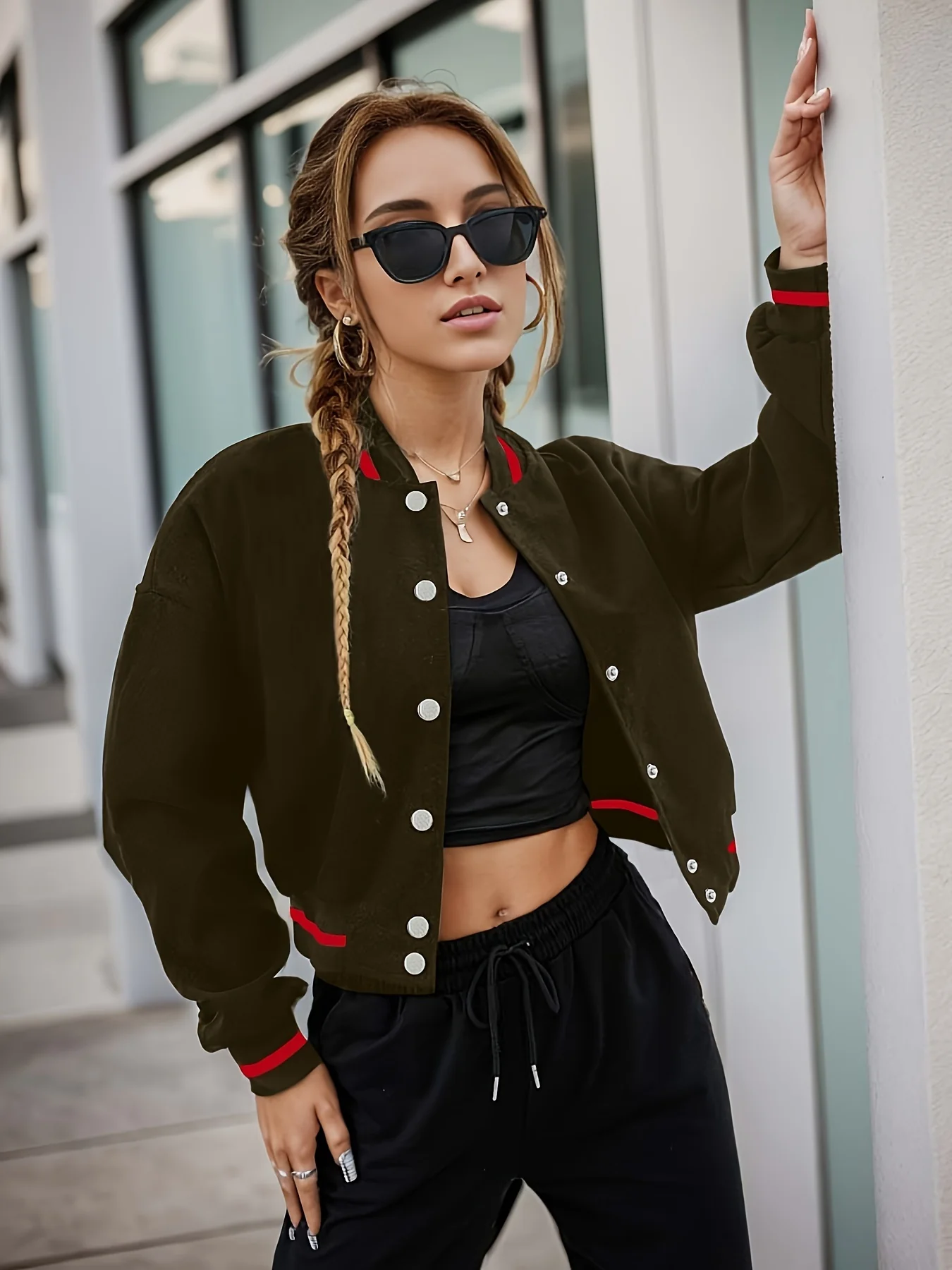 deanwangkt-1 Striped Bomber Jacket, Casual Button Front Long Sleeve Outerwear, Women's Clothing - Deanwangkt