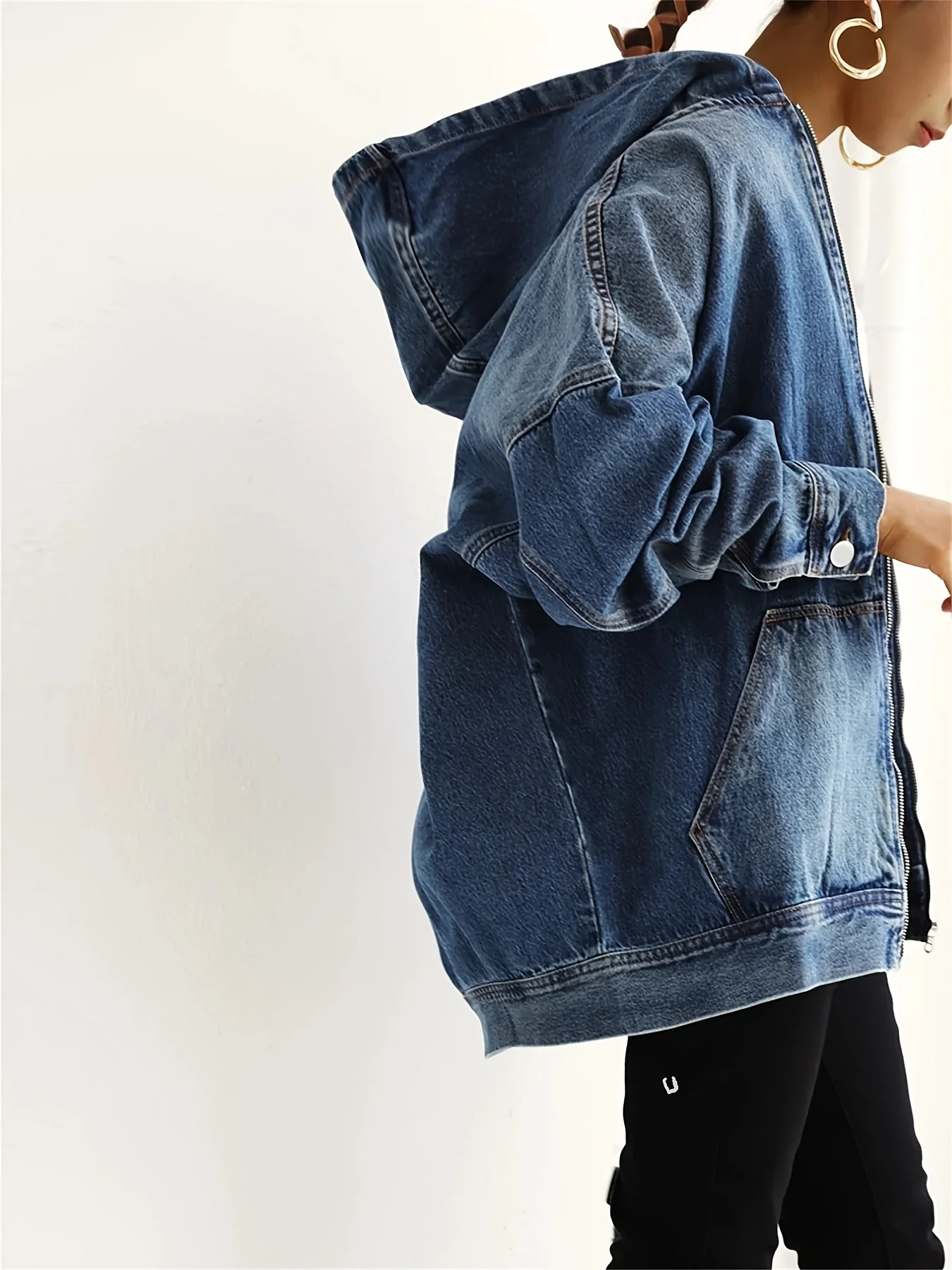 Long Sleeves Hooded Denim Jacket, Full Zipper With Front Pocket Denim Coat, Women's Clothing - Deanwangkt