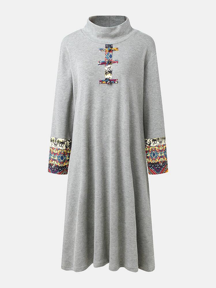 deanwangkt Women Embroidered Patchwork Frog Button Long Sleeve Retro Midi Dresses - Deanwangkt