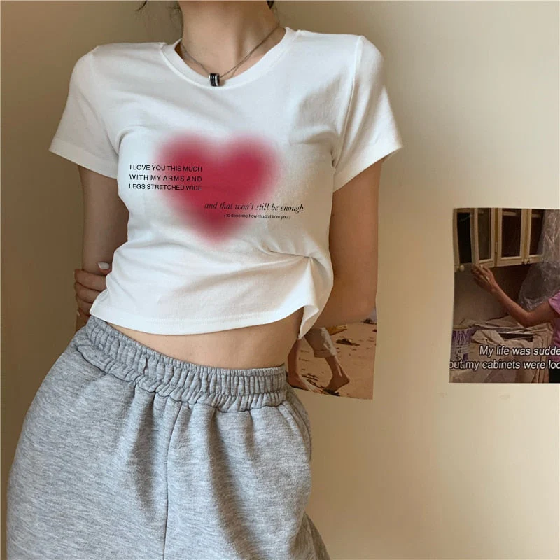 deanwangkt Aesthetic Heart print women T-shirt anime letter kawaii 90's crop tops Summer short sleeve Tees kpop streetwear y2k clothes lady - Deanwangkt