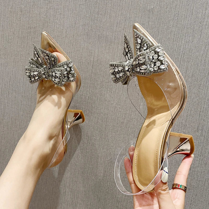 deanwangkt Fashion Crystal Sequined Bowknot Women Pumps Sexy Pointed Toe High Heels Wedding Prom Shoes Ladies PVC Transparent Sandals - Deanwangkt