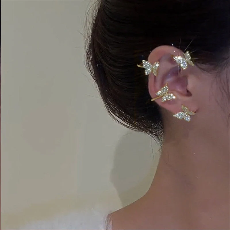Korean Fashion Zircon Butterfly Elf Ear Cuff for Women Sparkling Zircon Crystal Without Piercing Clip Earrings Wedding Jewelry - Deanwangkt
