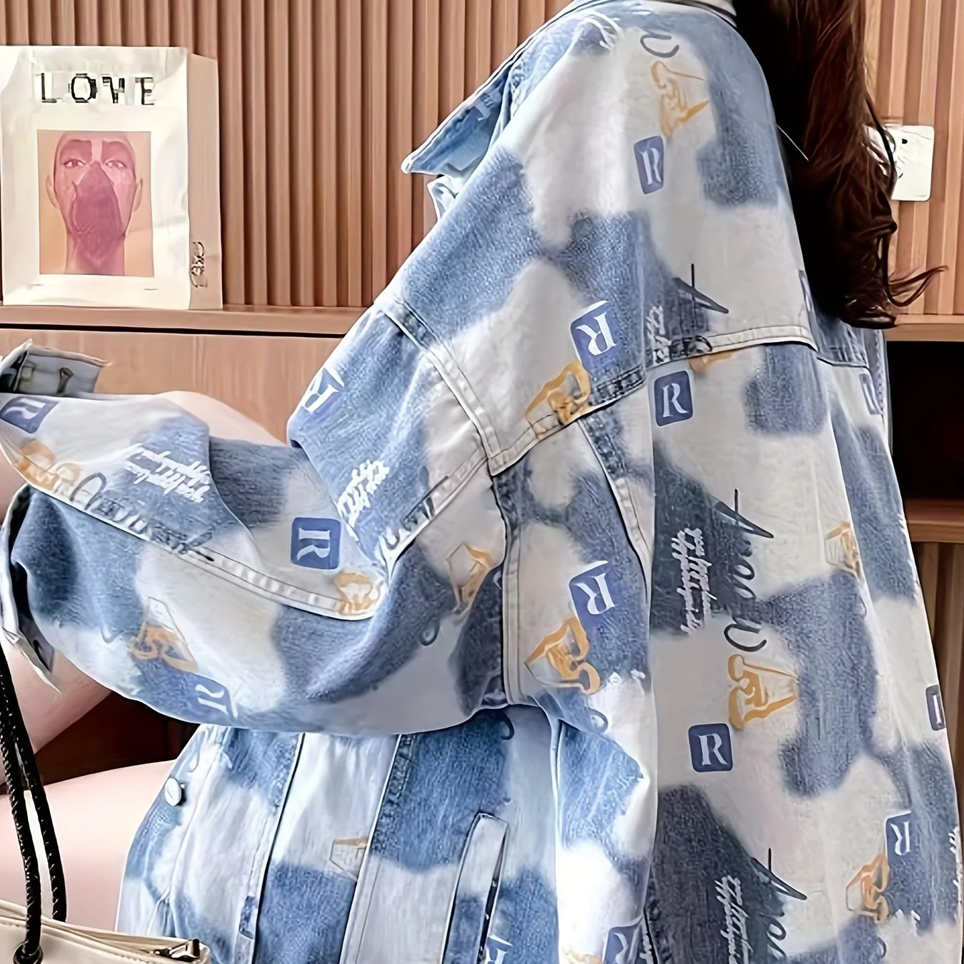 deanwangkt-1  Letter Print Acid Washed Boyfriend Style Denim Coat, Flap Chest Pocket Long Sleeve Oversize Denim Jacket, Women's Denim Jeans & Clothing - Deanwangkt