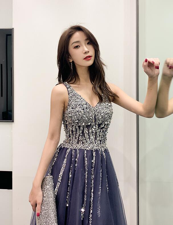 Solvbao Purple V-neckline Beaded Tulle Long Formal Dresses, Purple Evening Gown Prom Dresses - Deanwangkt