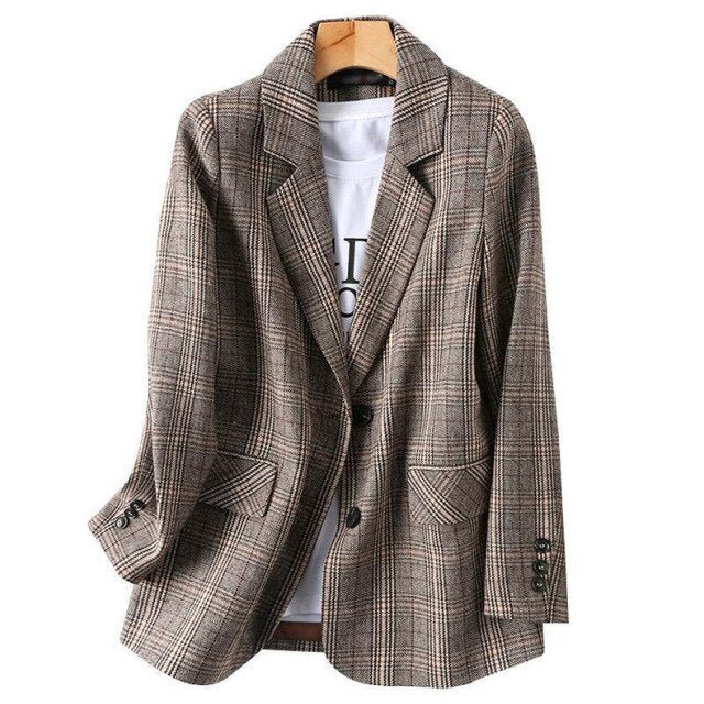 deanwangkt Casual Women's Suit Jacket Loose Autumn Plaid Long Sleeve Female Blazer Elegant Ladies Office Coat High Quality - Deanwangkt