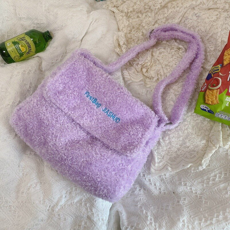 deanwangkt Soft Plush Crossbody Bags For Women Kawaii Japanese Faux Fur Messenger Bag Colorful Shoulder Bag Women Winter School Girls Bags - Deanwangkt