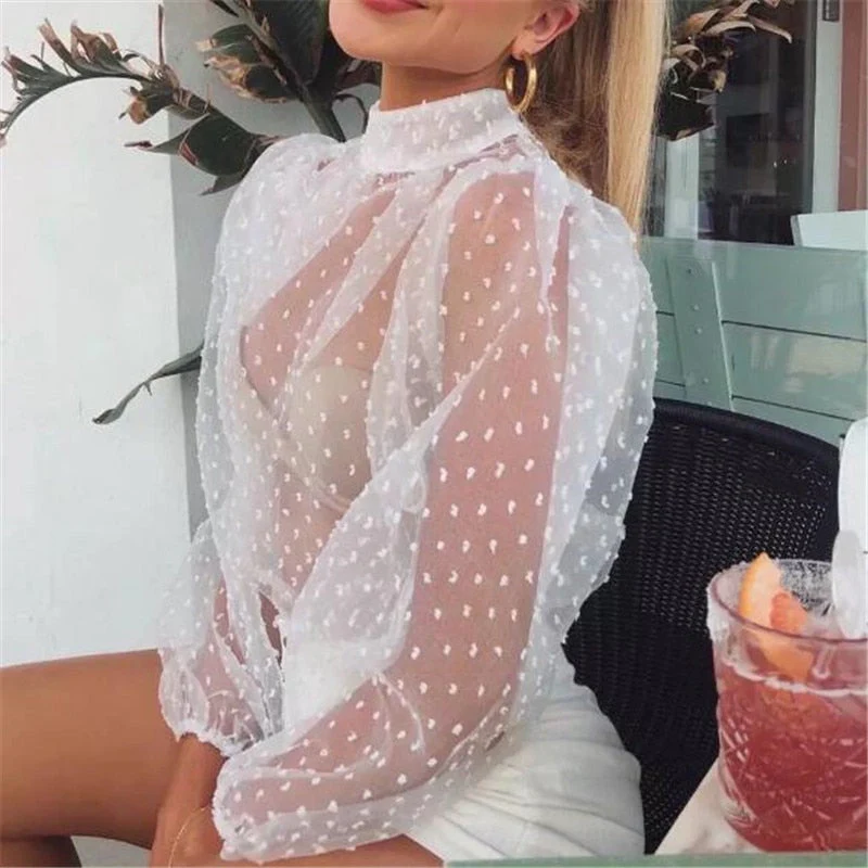 deanwangkt Women Mesh Puff Sleeve Tops Shirt New Summer Spring Ladies Sexy Casual Perspective Blouse Tops See Through Female Blusas - Deanwangkt