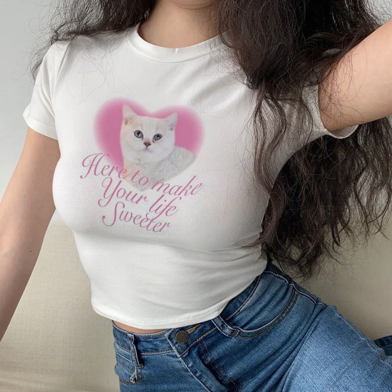 deanwangkt Aesthetic Heart print women T-shirt anime letter kawaii 90's crop tops Summer short sleeve Tees kpop streetwear y2k clothes lady - Deanwangkt