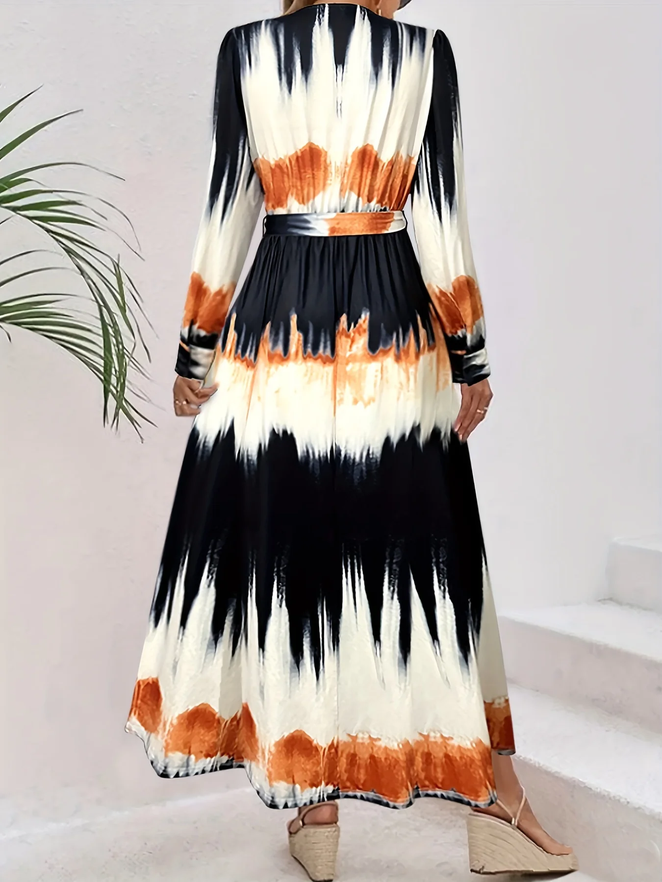 Gradient Print Cuff Sleeve Dress, Casual V Neck Tie-waist Dress For Spring & Fall, Women's Clothing - Deanwangkt