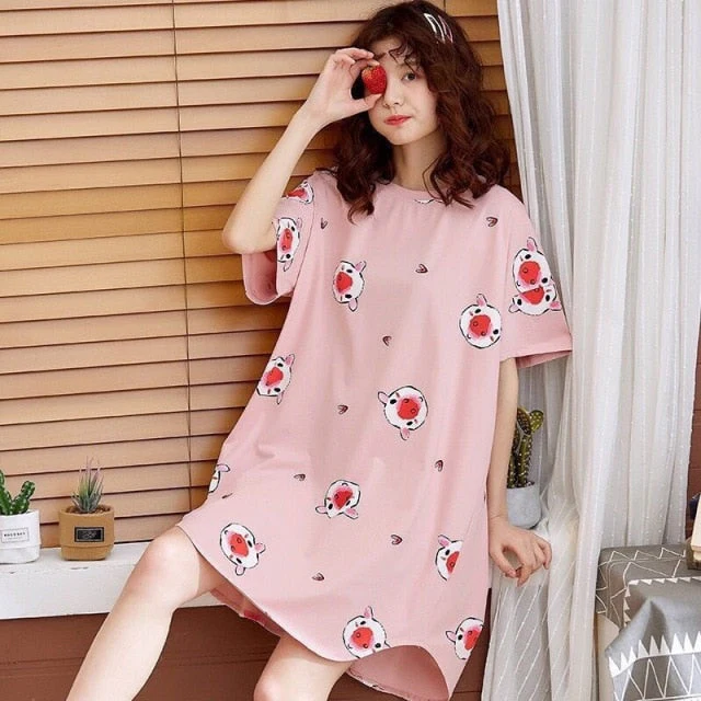 deanwangkt  Women Short Sleeve Sleepwear Cotton Night Gowns Summer Cartoon Nightgowns Home Wear Girls Sleep Lounge Sleeping Dress - Deanwangkt
