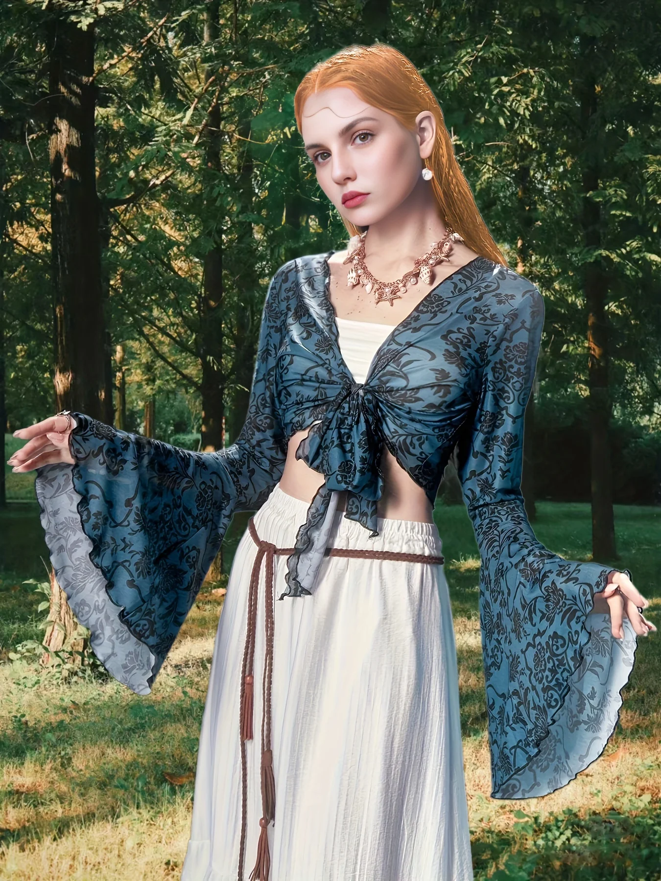 deanwangkt-1 Floral Pattern Tie Front Crop Top, Casual Long Sleeve Top For Spring & Summer, Women's Clothing - Deanwangkt