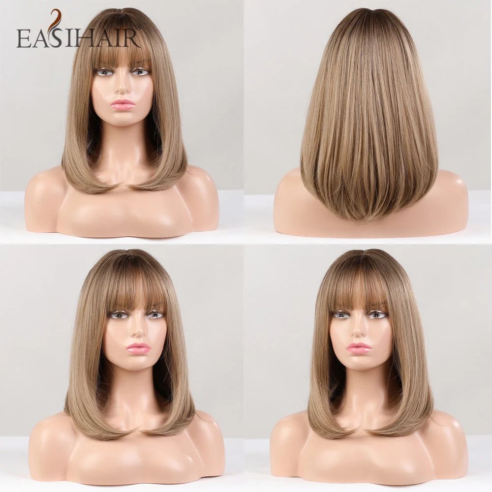 deanwangkt  Short Straight Bob Wigs With Bang Golden Brown Natural Synthetic Hair For Women Daily Cosplay Heat Resistant Fiber Wigs - Deanwangkt