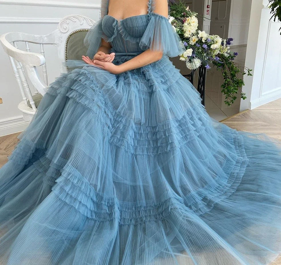 DEANWANGKT Blue Long Prom Dresses Sweetheart Crumpled Tulle Ruffles Evening Dresses Off Shoulder Tiered A-Line Party Dresses Bow Belt - Deanwangkt