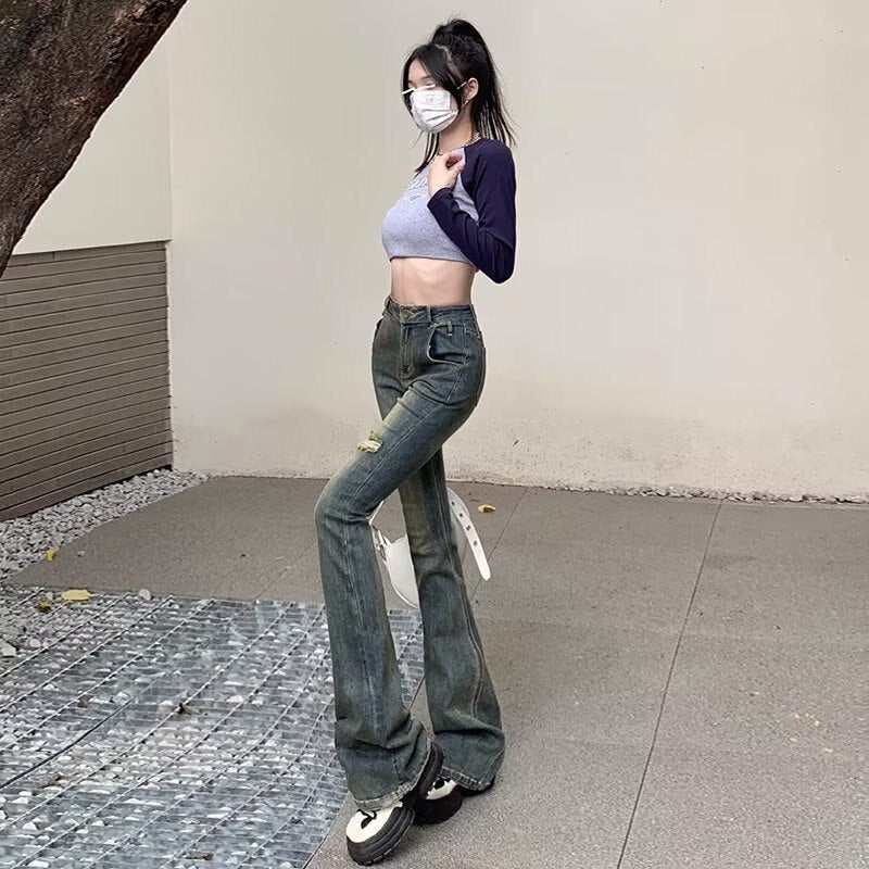 deanwangkt Micro Flared Pants, Spring And Autumn Pants, High Waisted Jeans, Minimalist New Style, Fashionable Harajuku Women's Trend - Deanwangkt