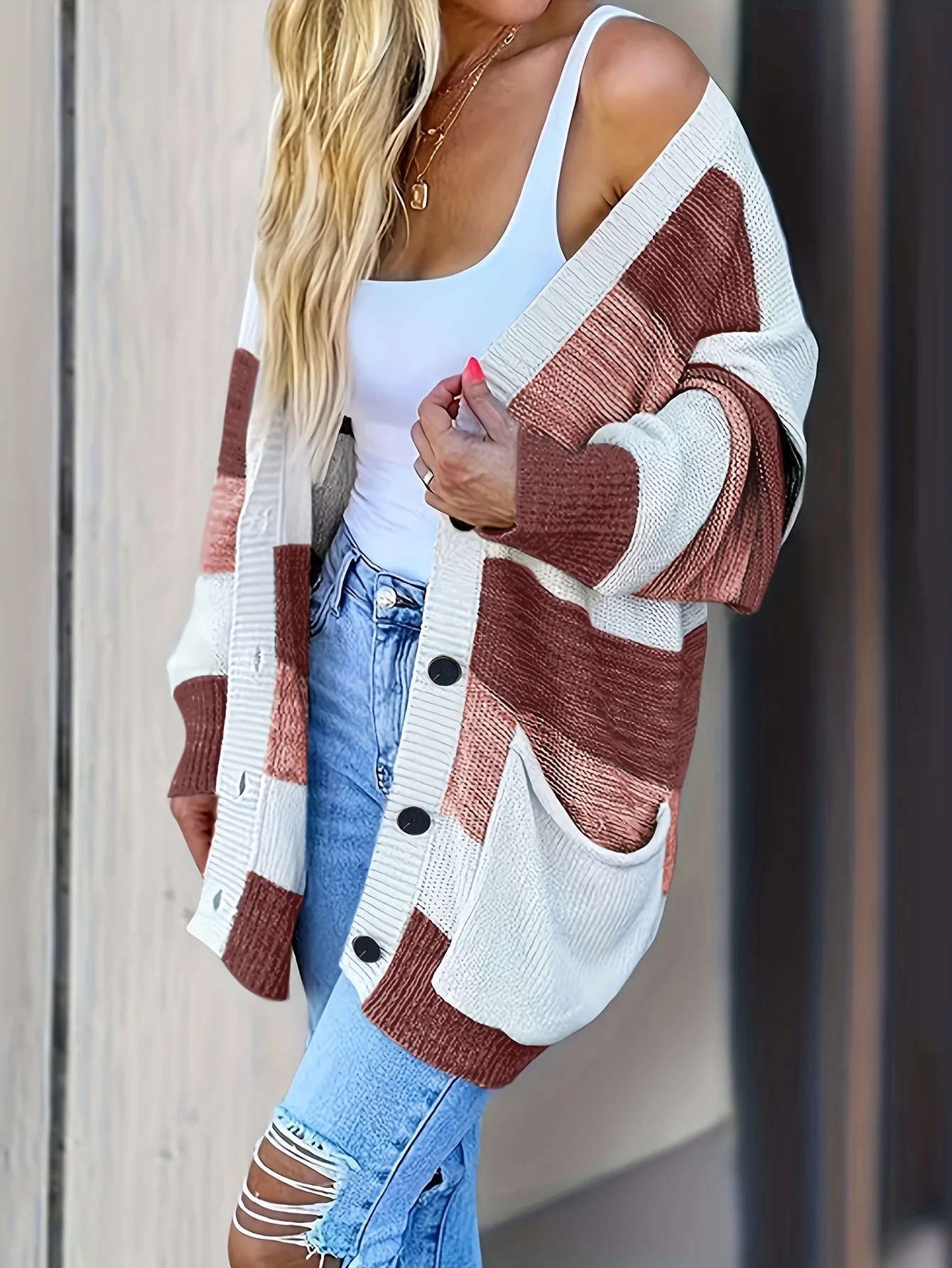 Striped Button Up Pocket Cardigan, Casual Long Sleeve Loose Sweater, Women's Clothing - Deanwangkt