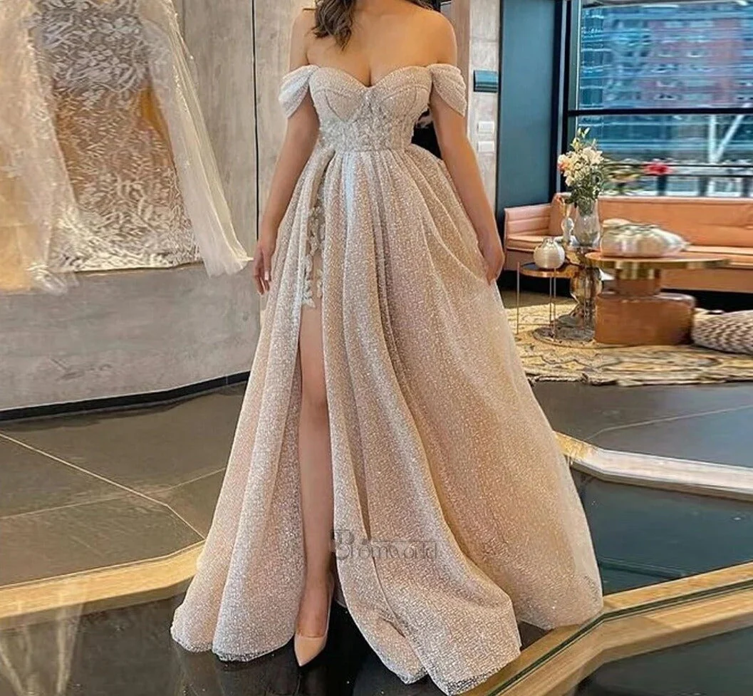 Promworld Champagne Sparkly Prom Dresses Long with Slit Glitter Sequin Off the Shoulder A-Line Sweetheart Formal Evening Gowns - Deanwangkt