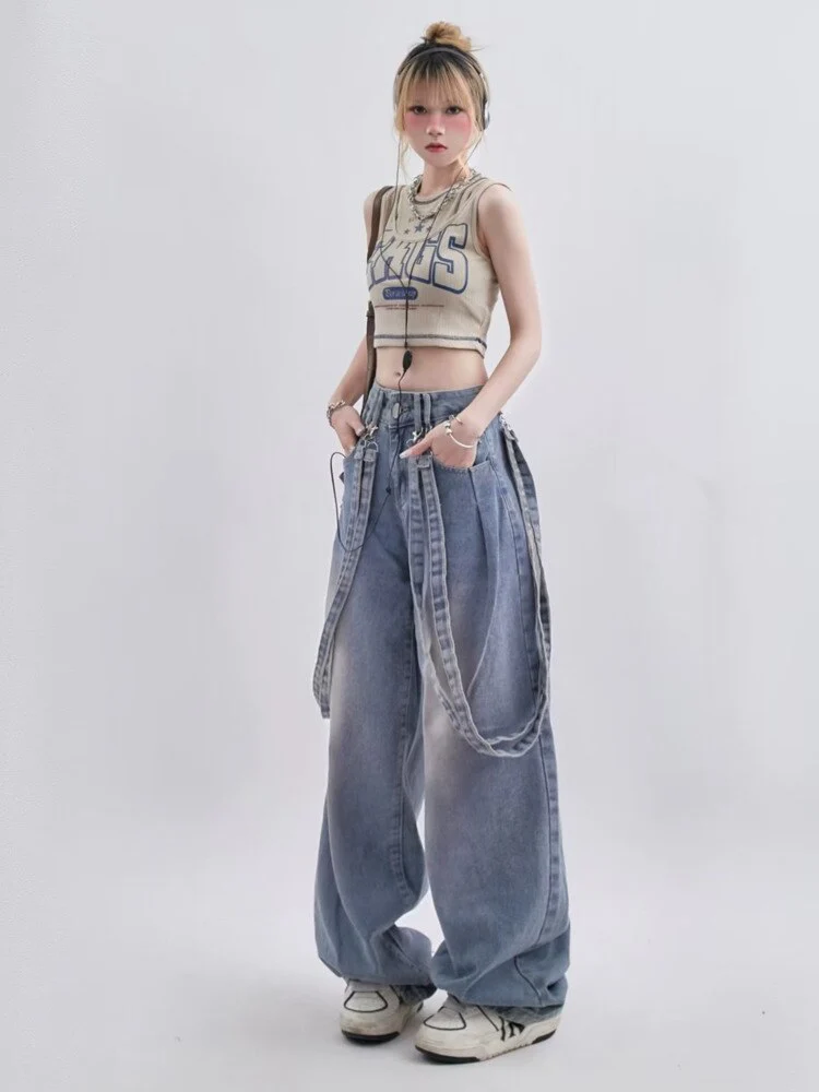 deanwangkt Autumn Women's Retro Niche Ribbon Design With Versatile Washable And Distressed Wide Leg High Waisted Women's Jeans - Deanwangkt