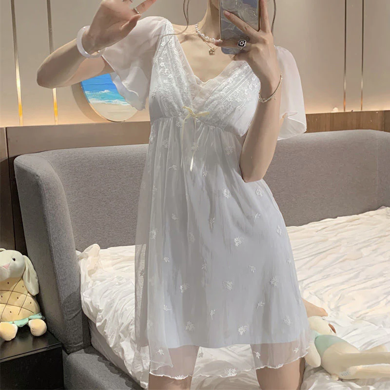 Sleepwear Women Nightwear Women's Sweet New Summer Long-sleeved Sexy Lace Home Clothes Night Gown Sleep Dress - Deanwangkt