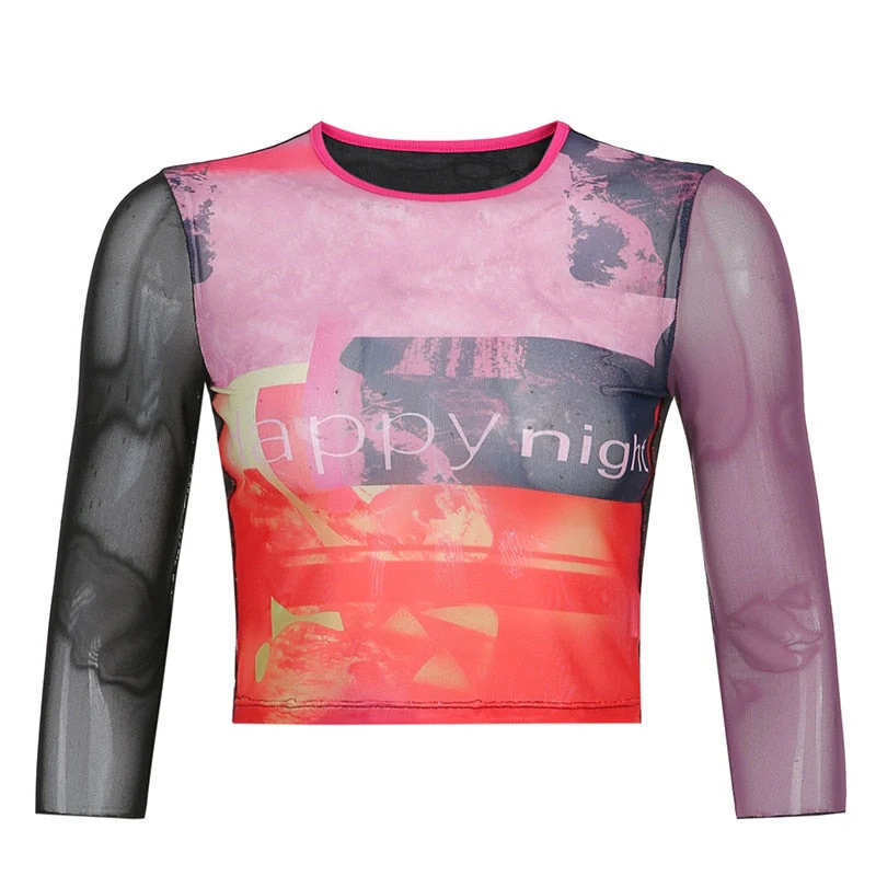Wenkouban  Print Mesh Crop Top Summer Woman Half Sleeve Tie Dye Pink Tshirts Streetwear Sexy Round Neck Slim See Through Graphic Tees - Deanwangkt