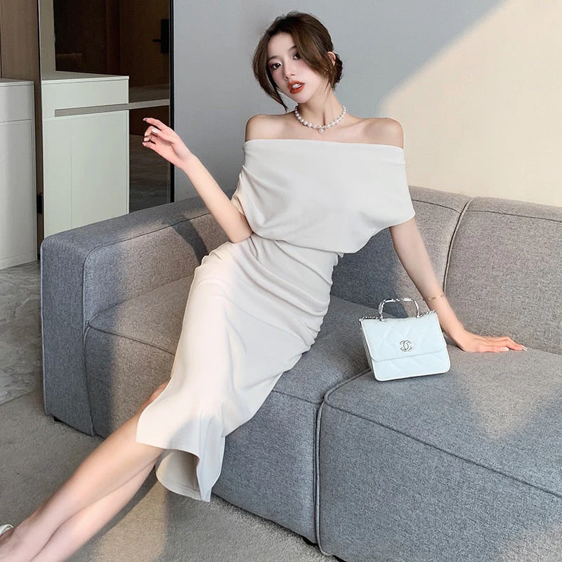 deanwangkt French Temperament Celebrity Wind Sexy Strapless Oblique Collar Dress Female Spring and Summer Slim Open Package Hip Long Dress - Deanwangkt