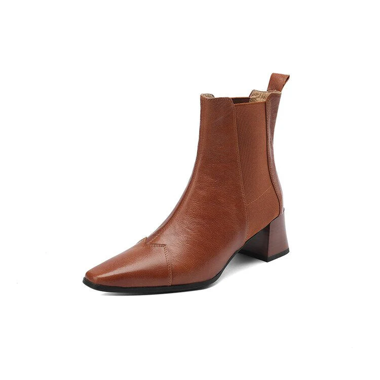 deanwangkt  Autumn Shoes   Autumn Women Boots Square Toe Chunky Heel Short Boots Women Genuine Leather Shoes for Women Slip-on Boots Pleated Ladies Shoes - Deanwangkt