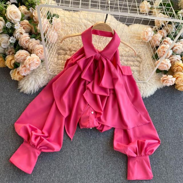 Spring Autumn New Blouse Women Halter Scheming Halter Shirt Bowknot Lapel Puff Sleeve Female Top C031 - Deanwangkt