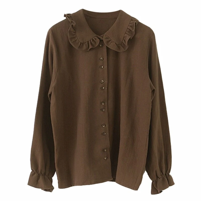 deanwangkt Shirts Blouses Women Fashion Design Girl Preppy Style Flare Sleeve Tops Crew Neck Solid Shirt Autumn Spring Brown Button Coats - Deanwangkt