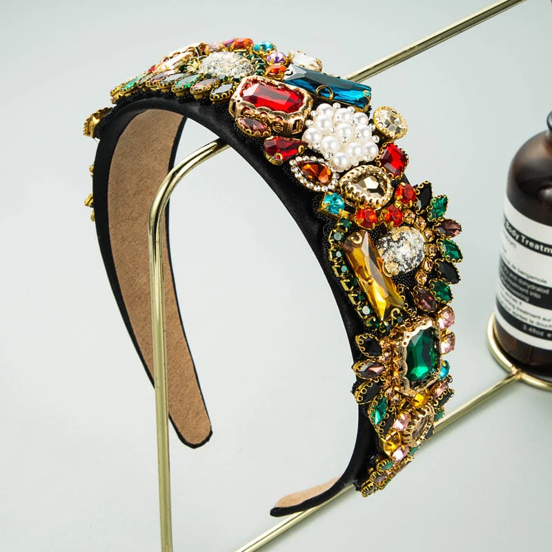 Luxury Baroque Diamond Headbands Boutique Hair Accessories Women Heavy Industry Color Rhinestone Pearl Flower Hairband Hair Hoop - Deanwangkt