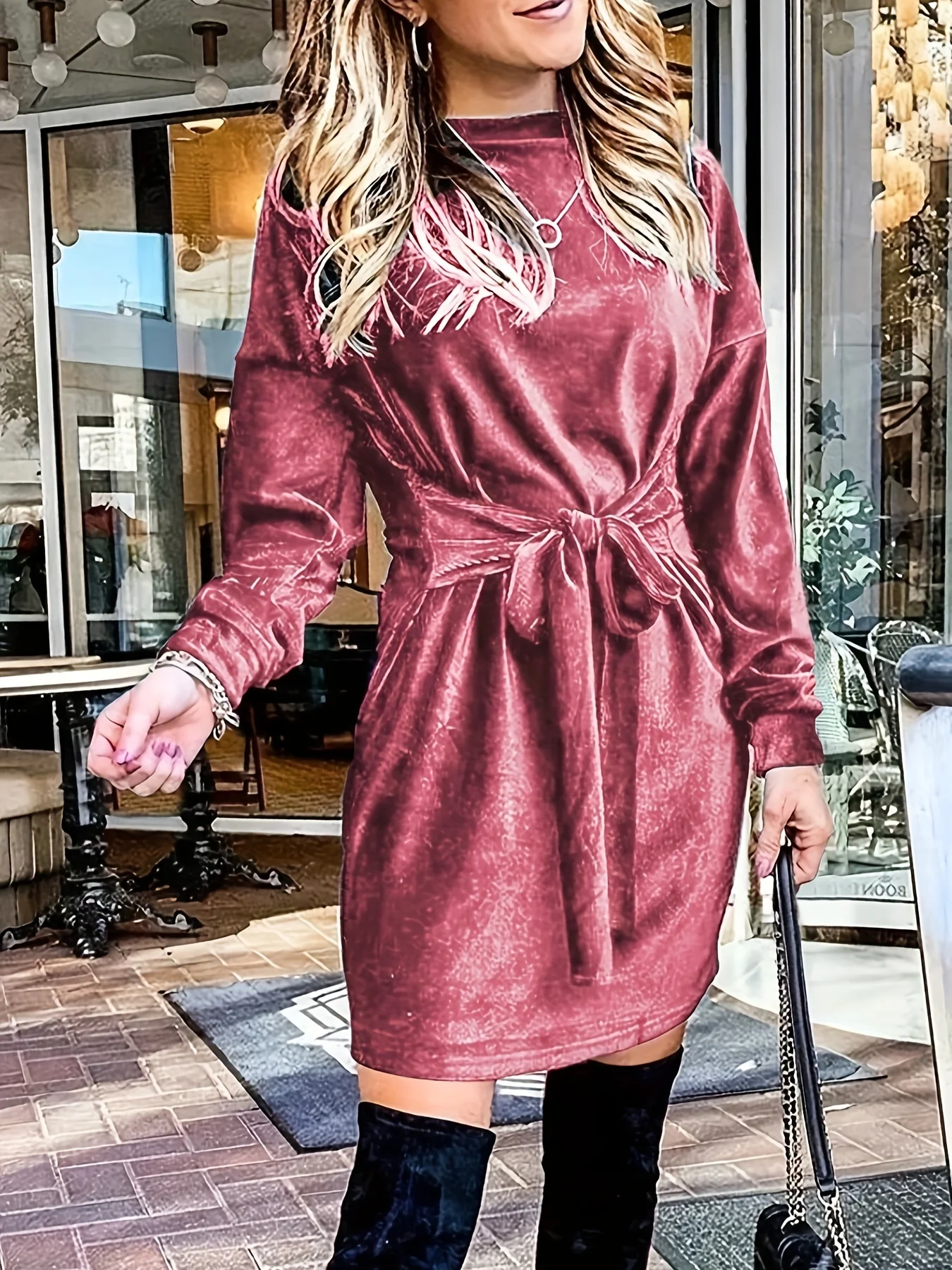 Solid Velvet Long Sleeve Dress, Tie-waist Mock Neck Dress, Women's Clothing - Deanwangkt