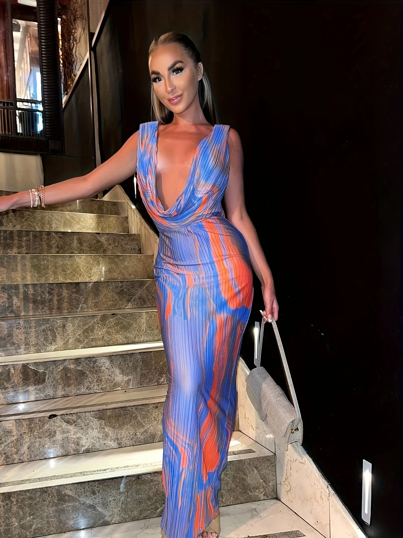 Graphic Print Cowl Neck Tank Dress, Elegant Sleeveless Bodycon Maxi Dress For Club & Party, Women's Clothing - Deanwangkt