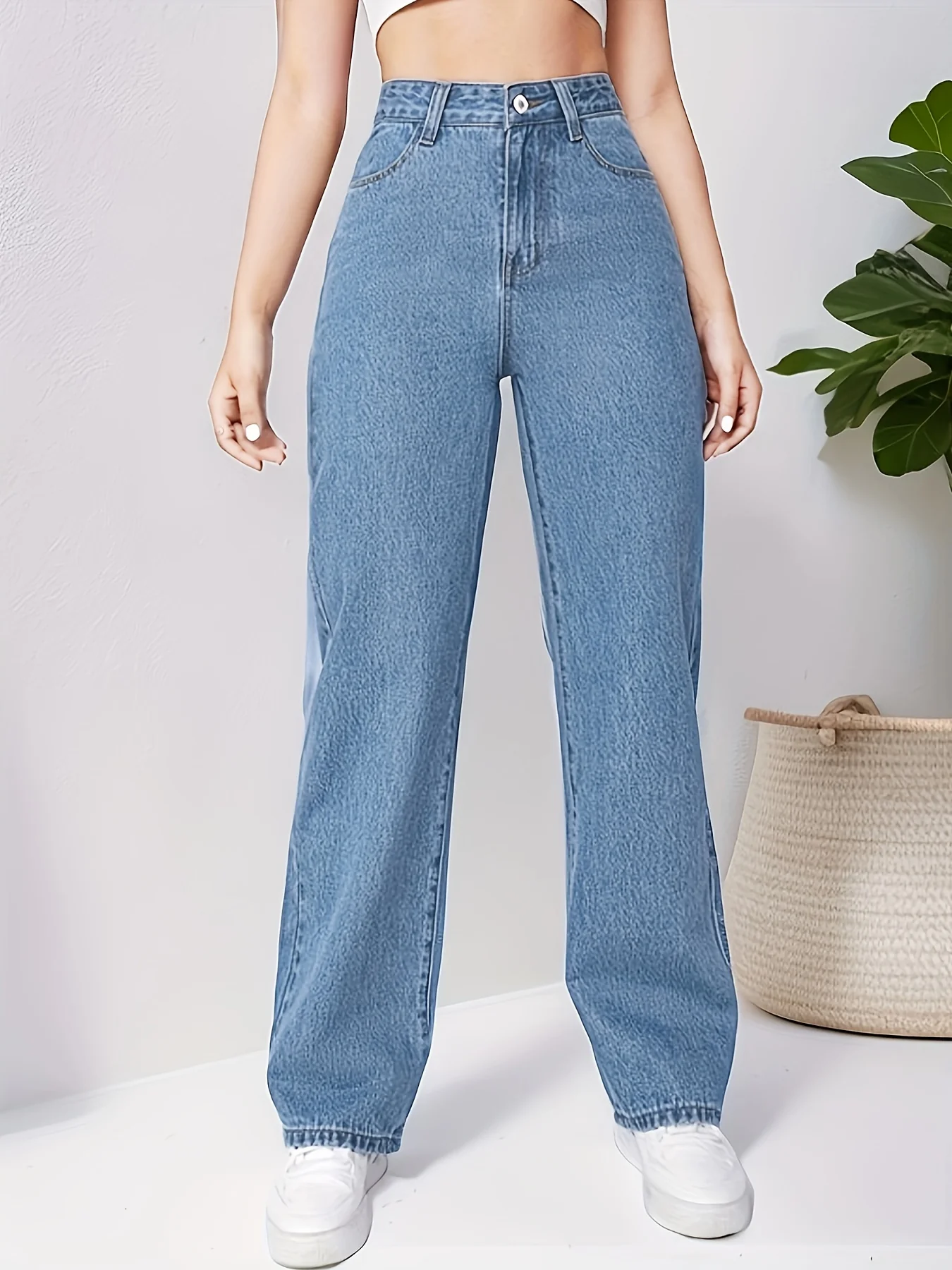Blue Loose Fit Straight Jeans, High Waist Non-Stretch Slash Pockets Denim Pants, Women's Denim Jeans & Clothing - Deanwangkt