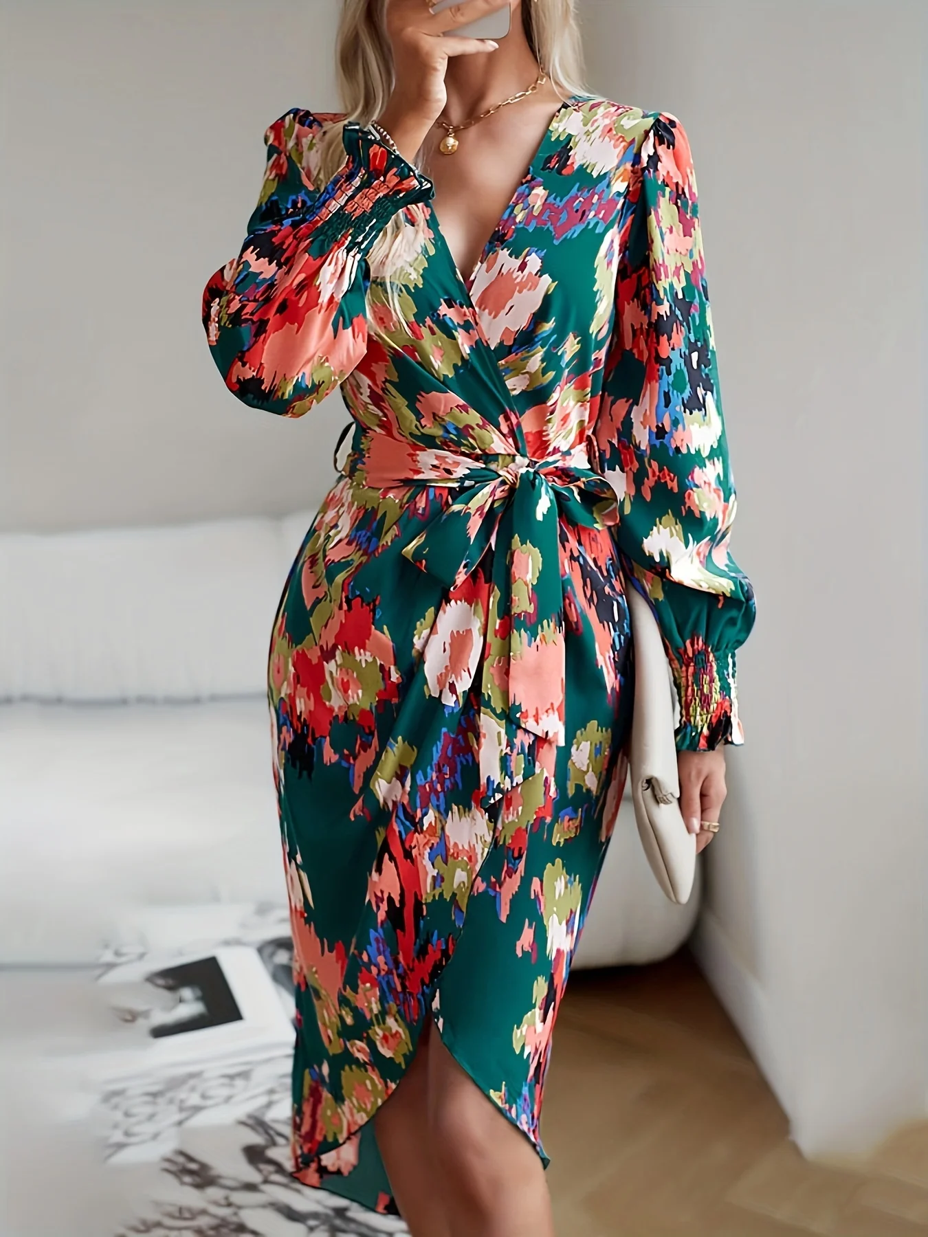 Allover Print Wrap Dress, Elegant V Neck Long Sleeve Dress, Women's Clothing - Deanwangkt