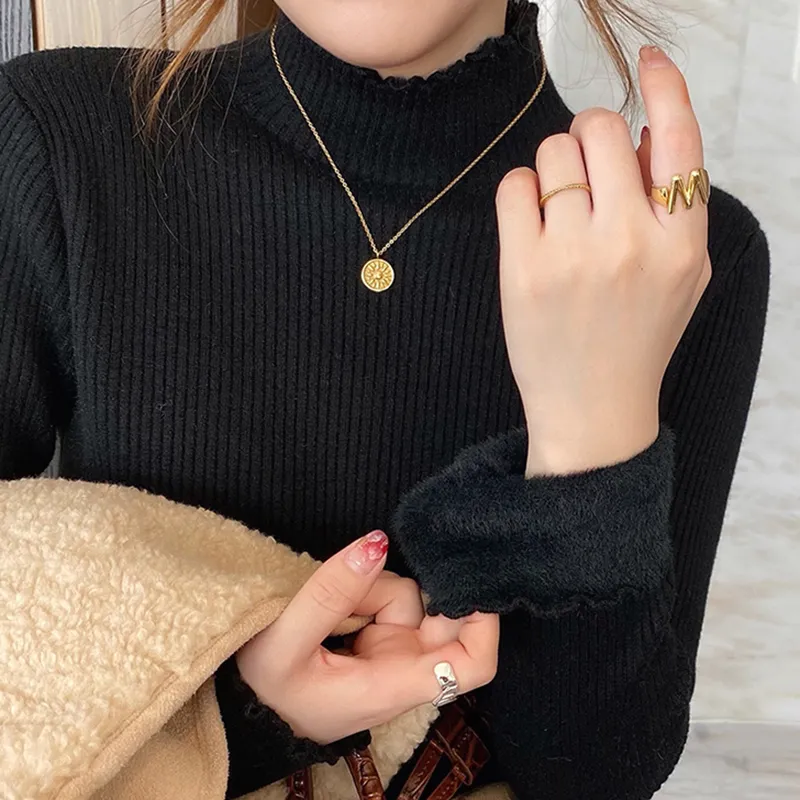 deanwangkt Women Ruffles Mock Neck Sweater Thicken Autumn Fleece Warm Thermal Pullover Cashmere Sweater For Women Winter - Deanwangkt