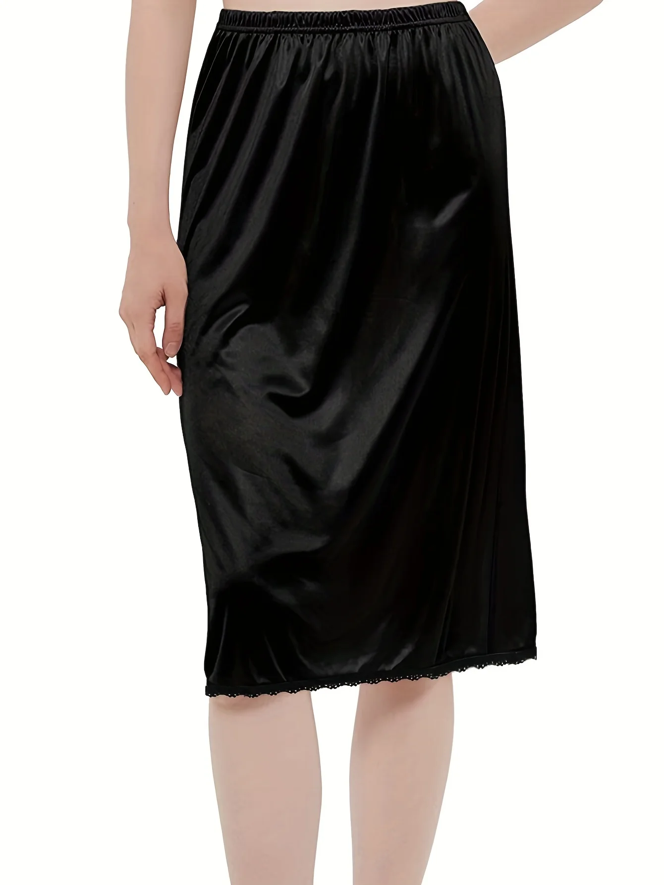 Lace Trim Solid Skirt, Sexy Mid Rise Stretch Half Slips Petticoat, Women's Underwear & Shapewear - Deanwangkt