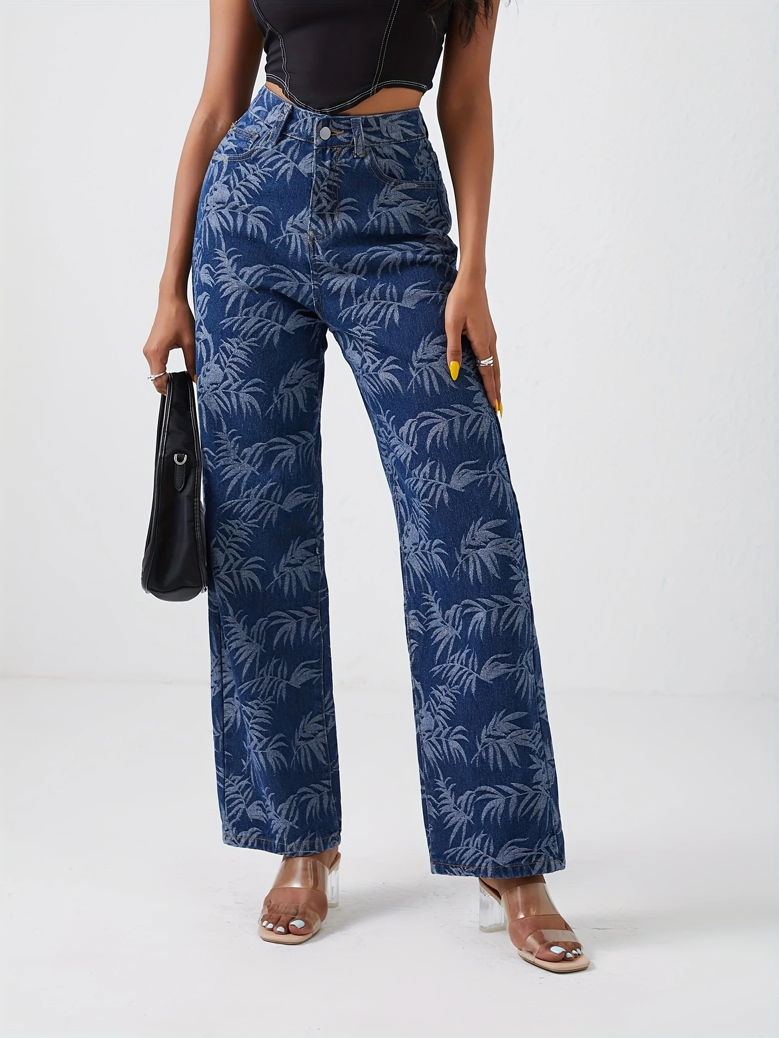 Leaf Print Chic Straight Jeans, Loose Fit Non-Stretch High Waist Denim Pants, Women's Denim Jeans & Clothing - Deanwangkt