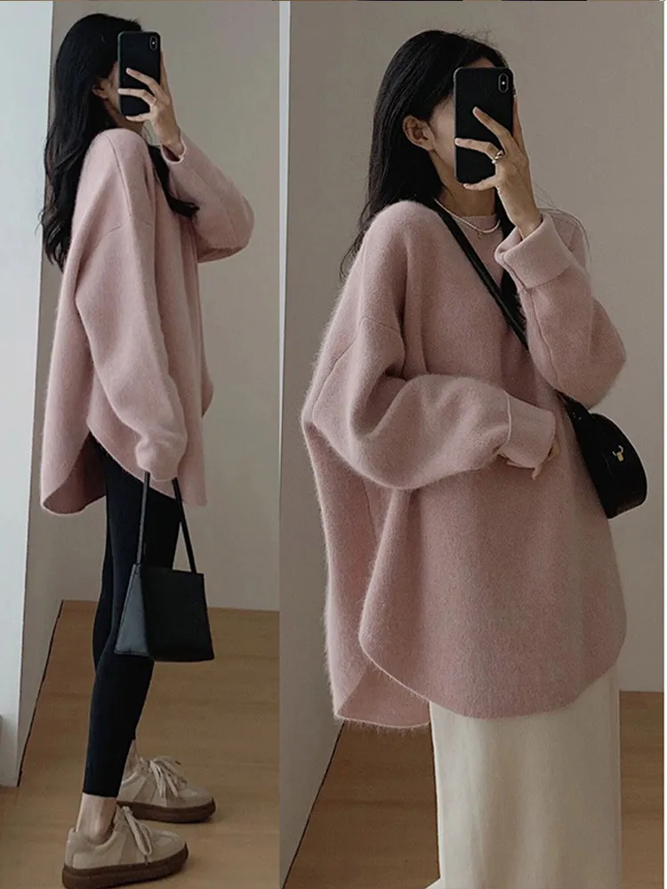 deanwangkt Casual Loose Knit Pullover Women Solid O-neck Fluffy Sweater Female Autum Warm Soft Fashion Long Sleeve Lady Knitwear - Deanwangkt